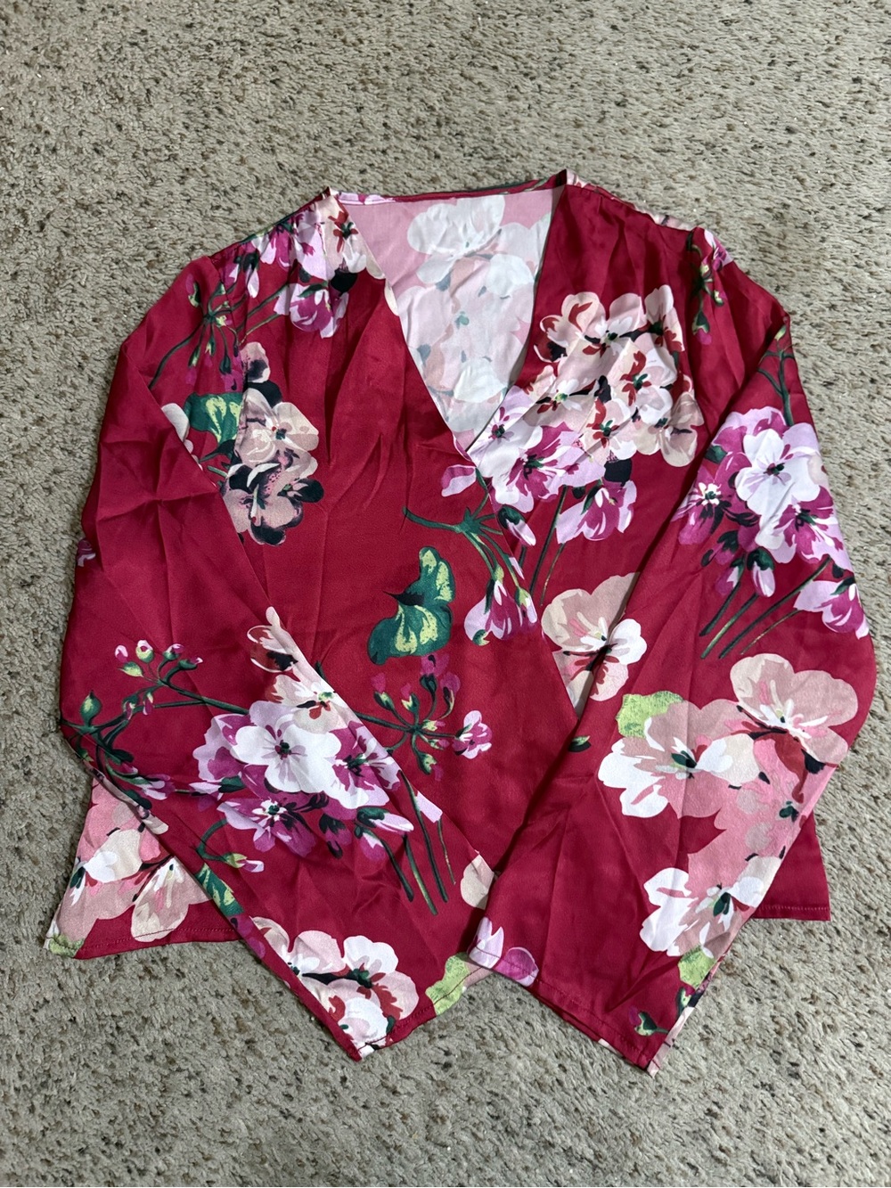 Floral V-Neck Wrap Blouse in Deep Berry/Red/Burgundy